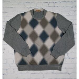 Dalmine Sweater Mens Sz L 56 Gray Diamond Pattern Made In‎ Italy Wool Vtg
